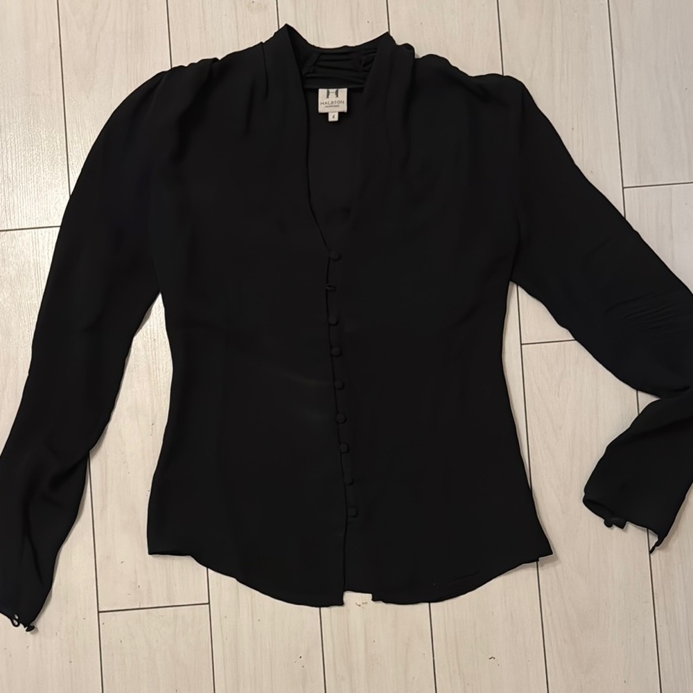Halston Heritage Black Long Sleeve Silk Semi sheer Blouse